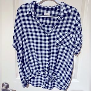Navy Plaid Tie Front Altar’d State blouse